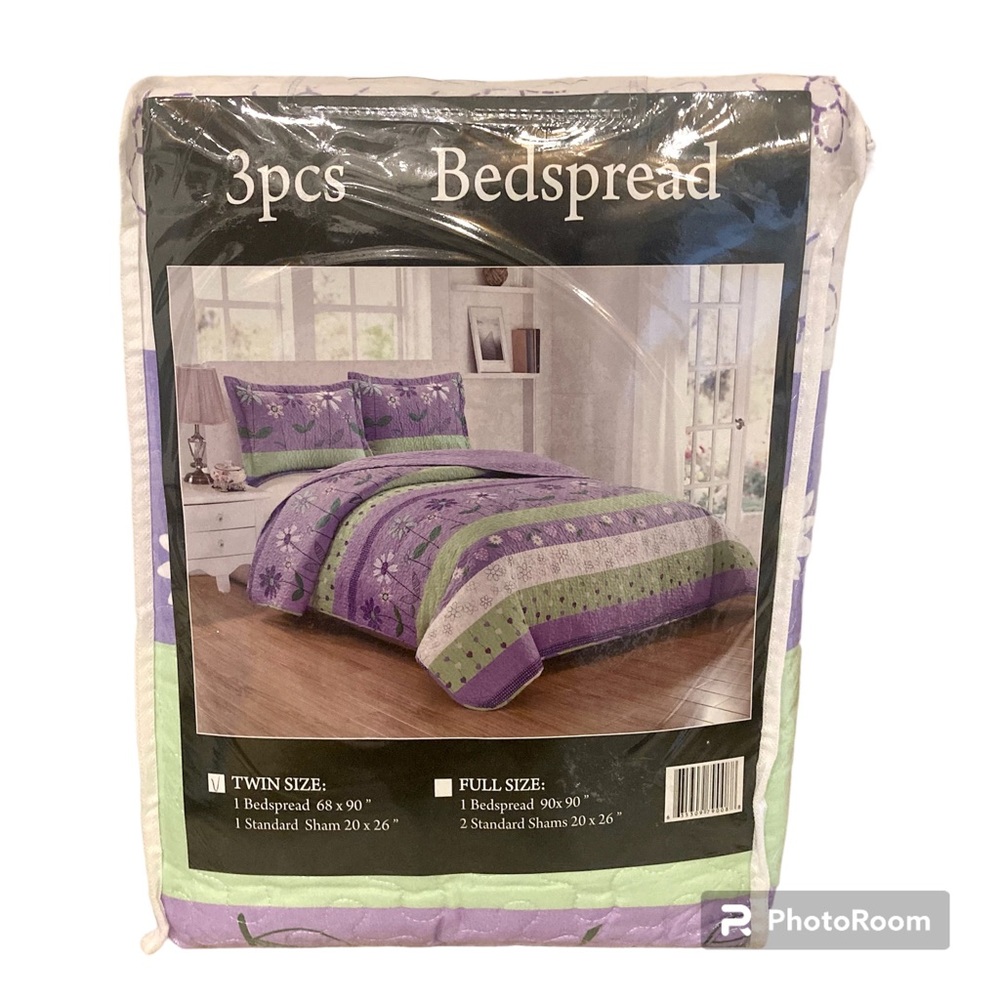 New Girl’s Fancy Linen 2Pc Twin Bedspread Flower Purple White Green Set